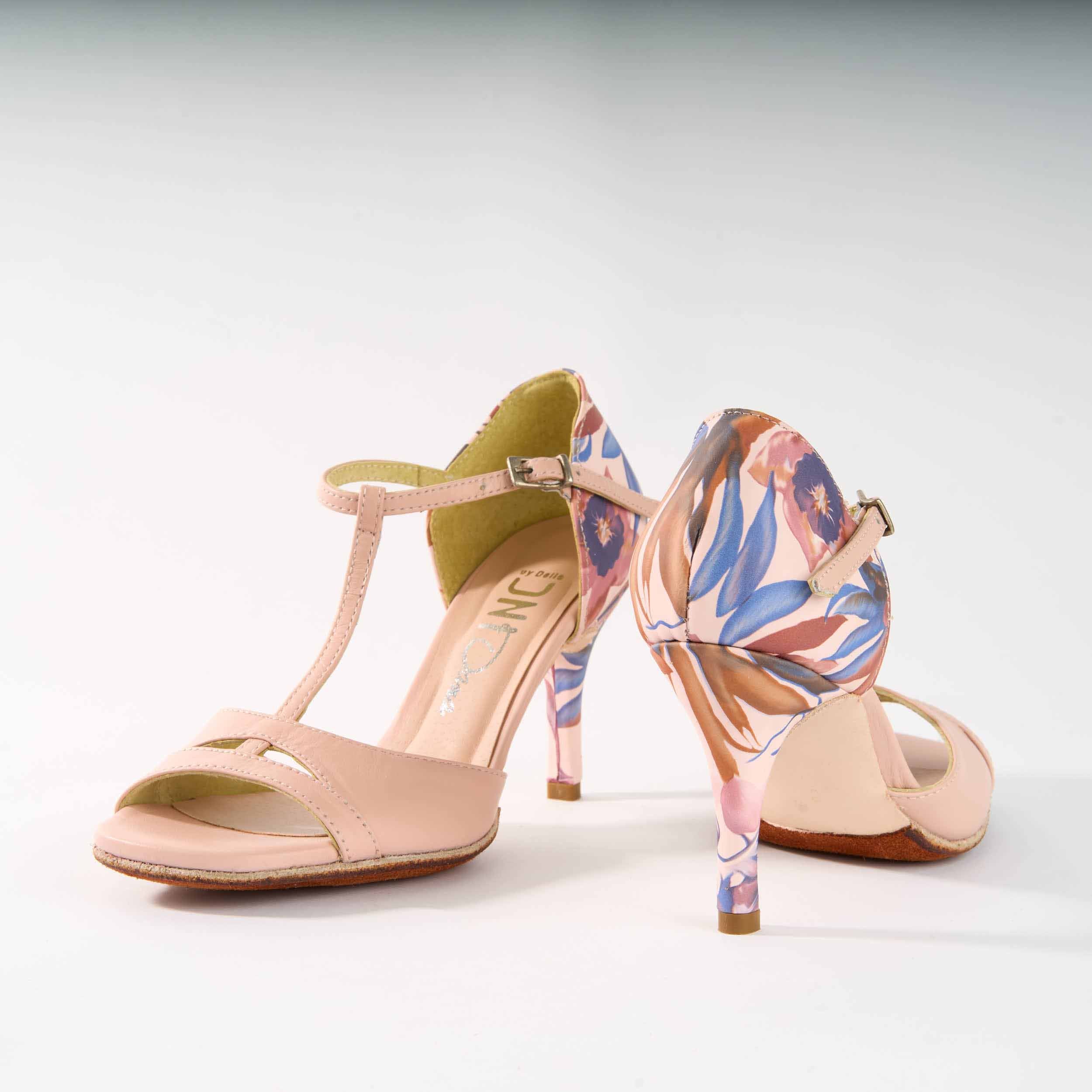 Elegant Nude and Blue Floral - Handmade Tango Shoes - Dana 4211