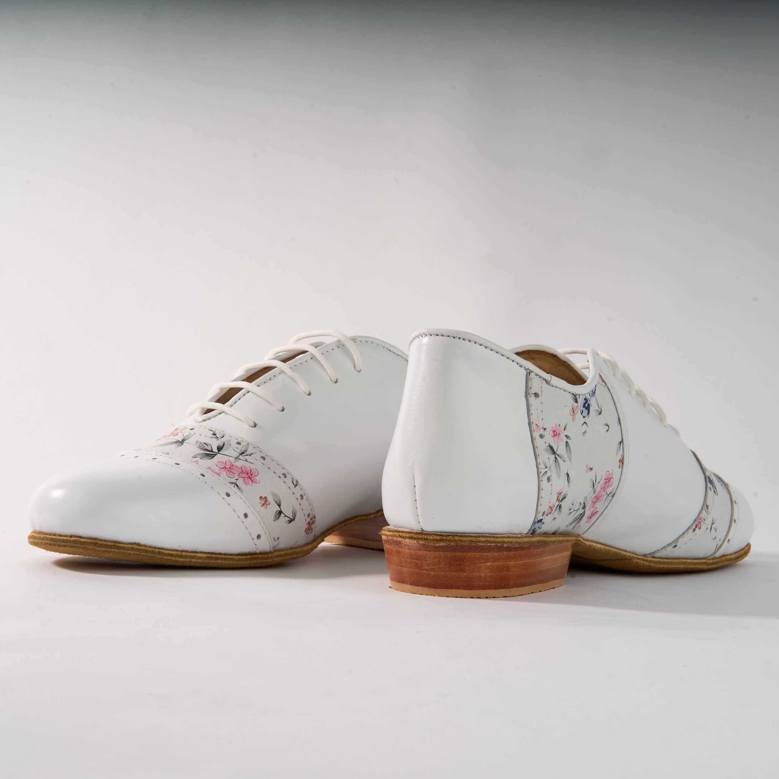 White and Floral Genuine Leather - Handmade Tango Shoes - Rock 3017