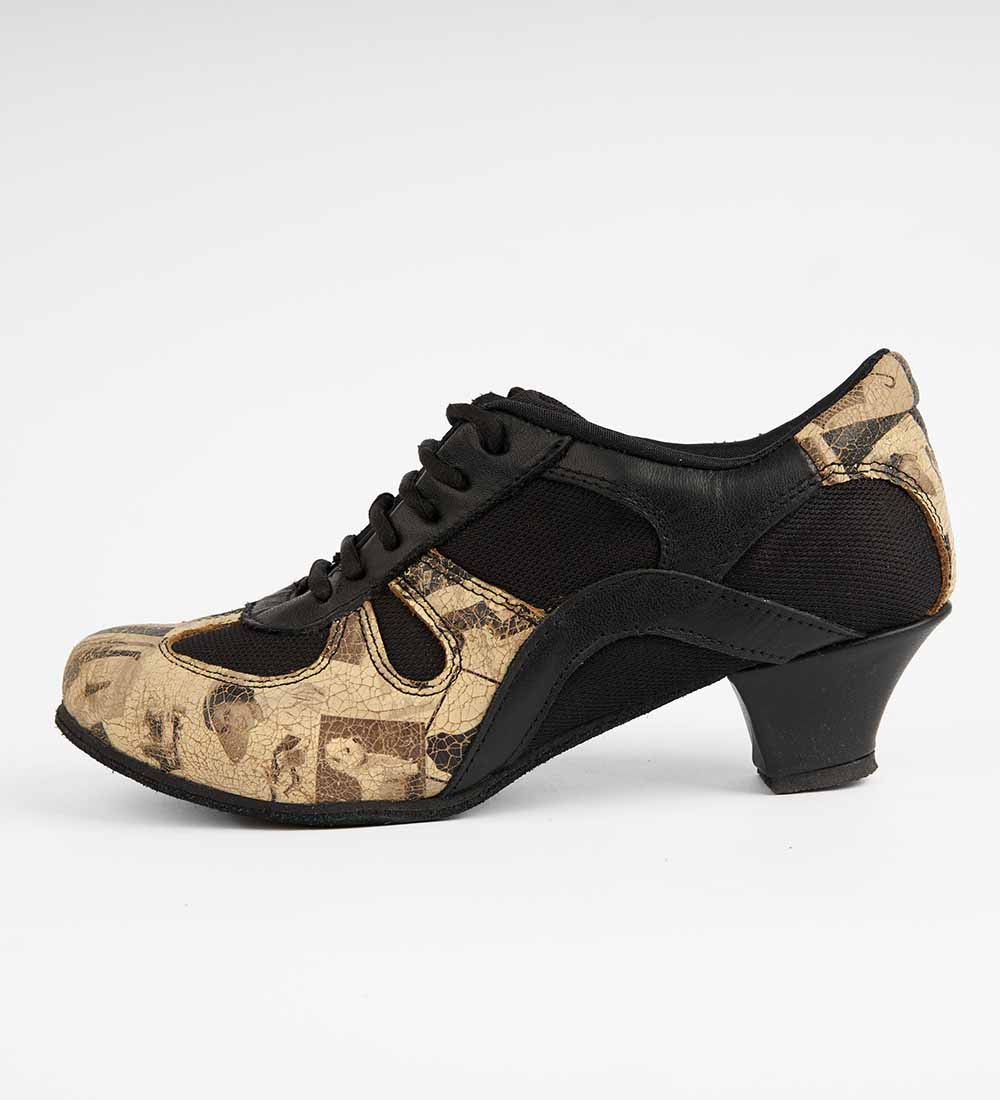 Artistic Beige Graphic Print & Black Leather - Practice Trainers - Rocio 8556 - DNI Tango Store