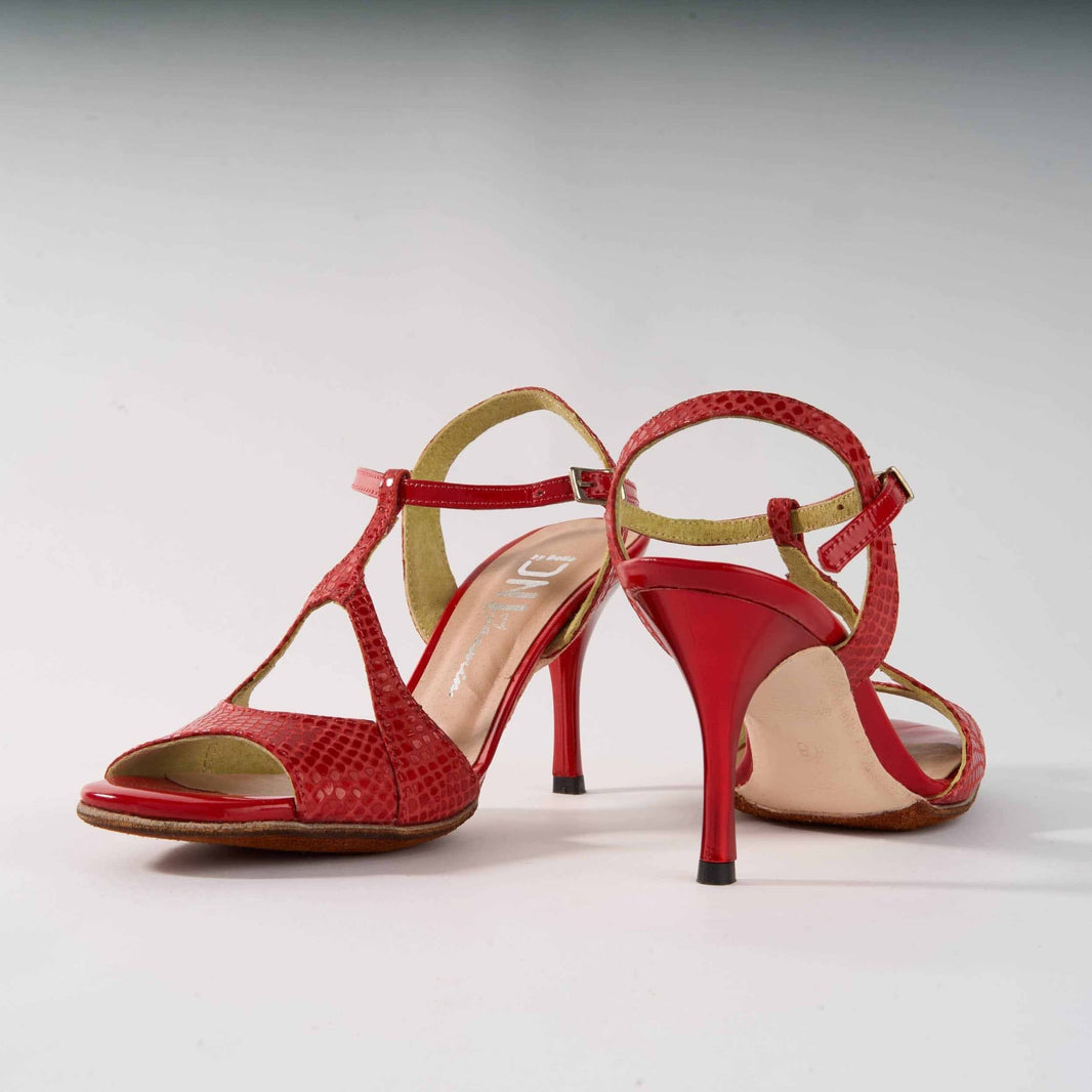 Cherry Red Snake Textured Leather - Handmade Tango Shoes - Jazmin 5005 - DNI Tango Store