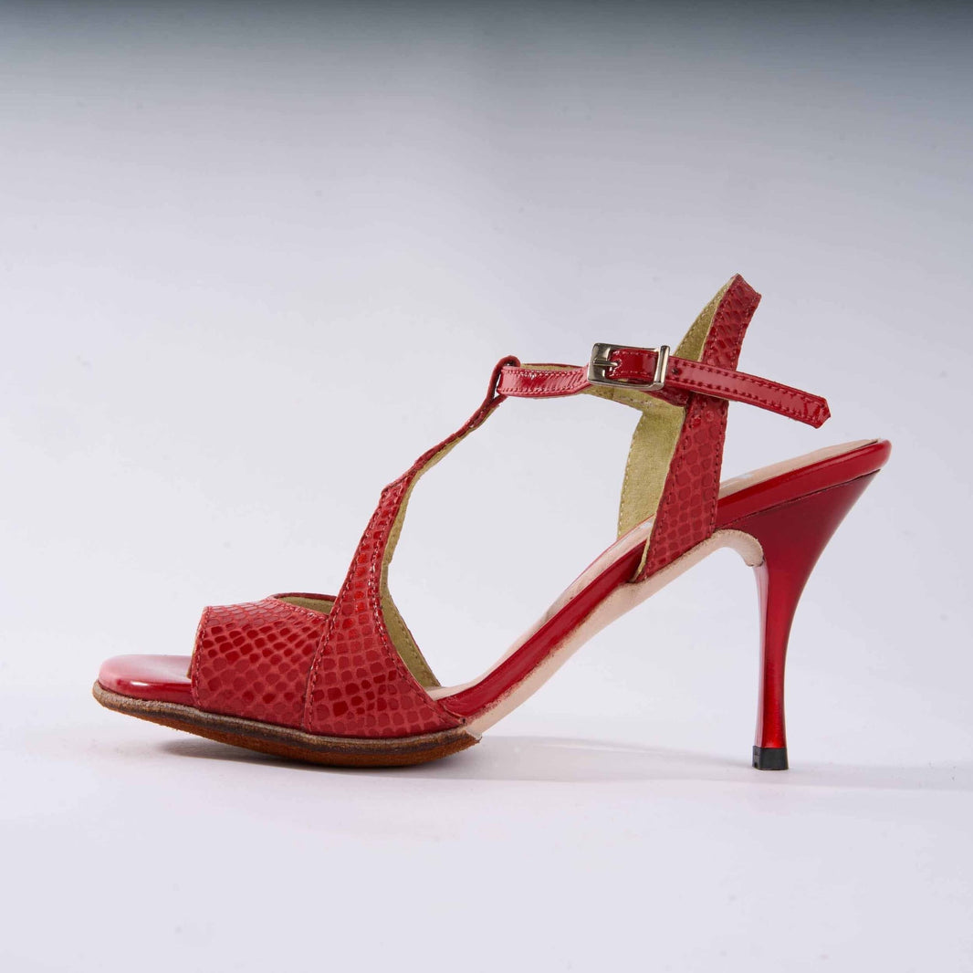 Cherry Red Snake Textured Leather - Handmade Tango Shoes - Jazmin 5005 - DNI Tango Store